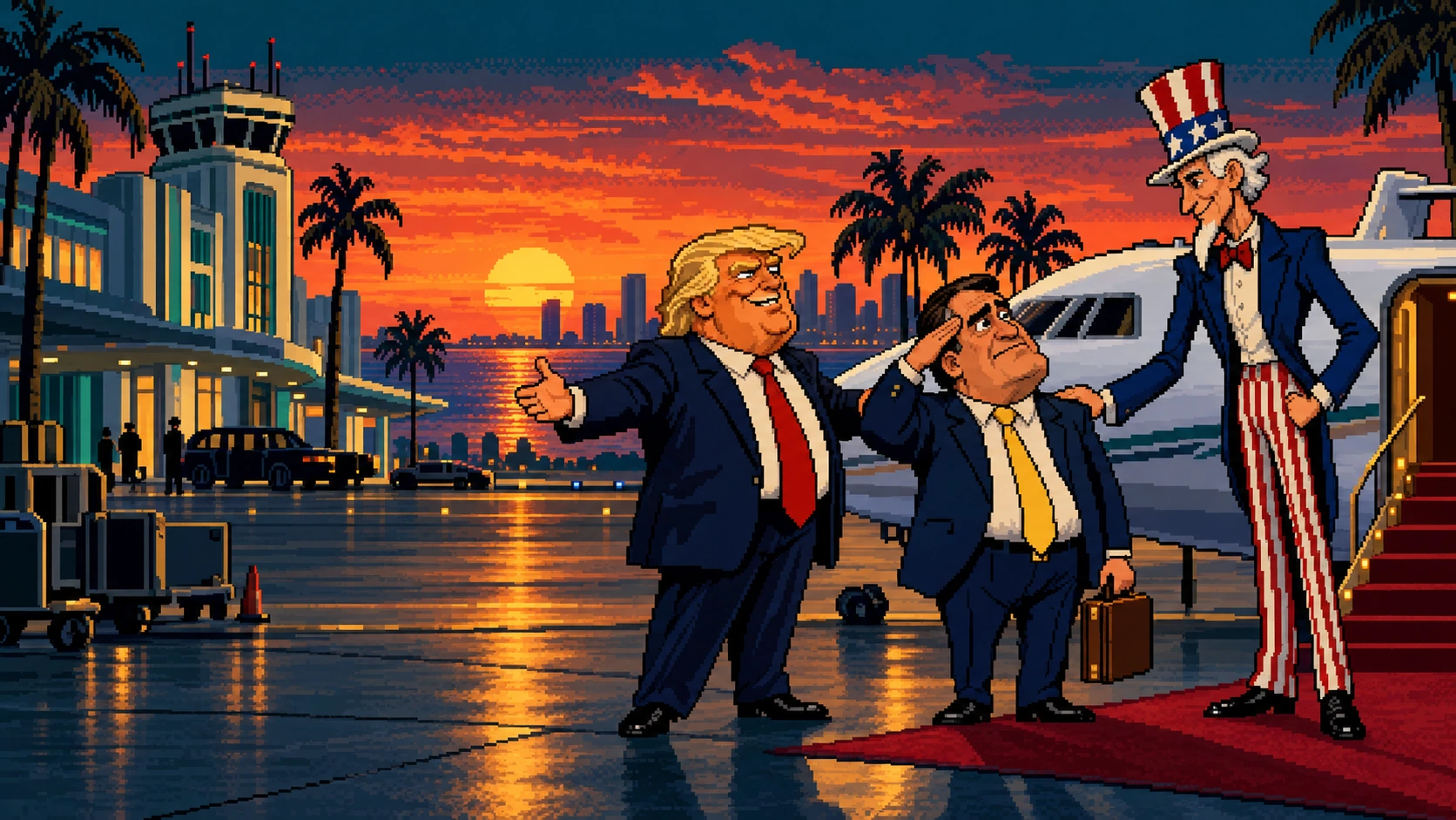 Cena fictícia em pixel art: Bozonario com uma mala saúda o Tio Sam, ao lado de um magnata loiro, diante de um jatinho em Miami